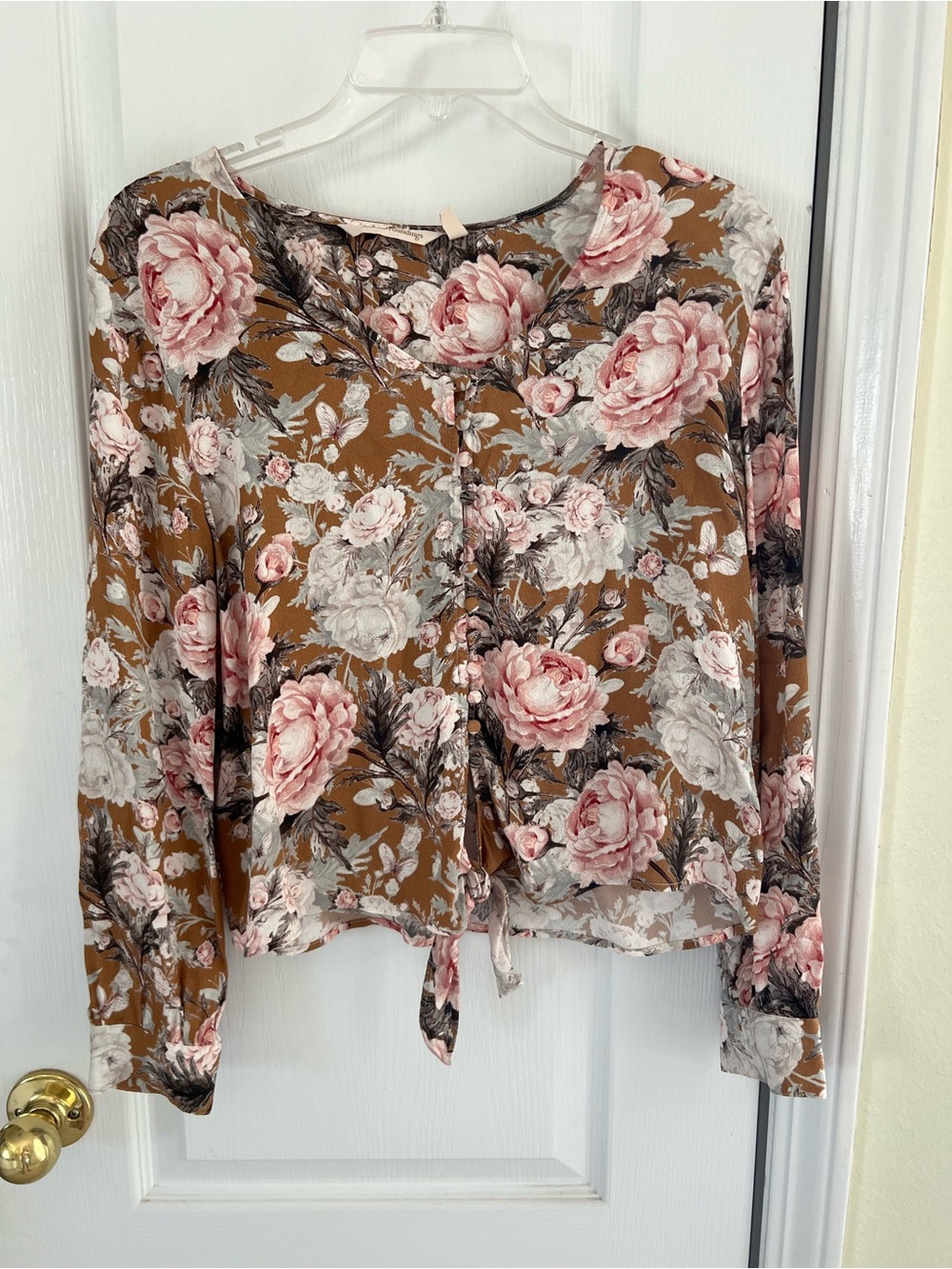 Soft Surroundings Brown Floral Button-Front Tie Top